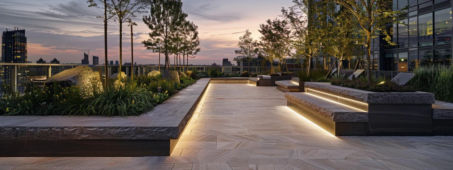a meticulously designed urban hardscape unveils a striking interplay of textured stone pathways, sleek concrete seating areas, and innovative lighting arrangements, all set against a modern cityscape backdrop.