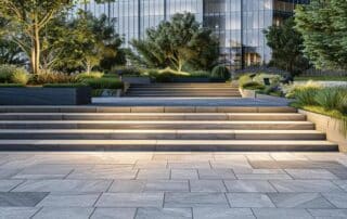 a modern urban landscape showcases innovative eco-friendly hardscape materials, featuring sleek paving stones and stylish concrete installations that highlight the latest sustainable trends in outdoor design.