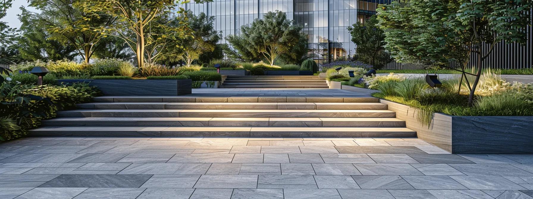 a modern urban landscape showcases innovative eco-friendly hardscape materials, featuring sleek paving stones and stylish concrete installations that highlight the latest sustainable trends in outdoor design.