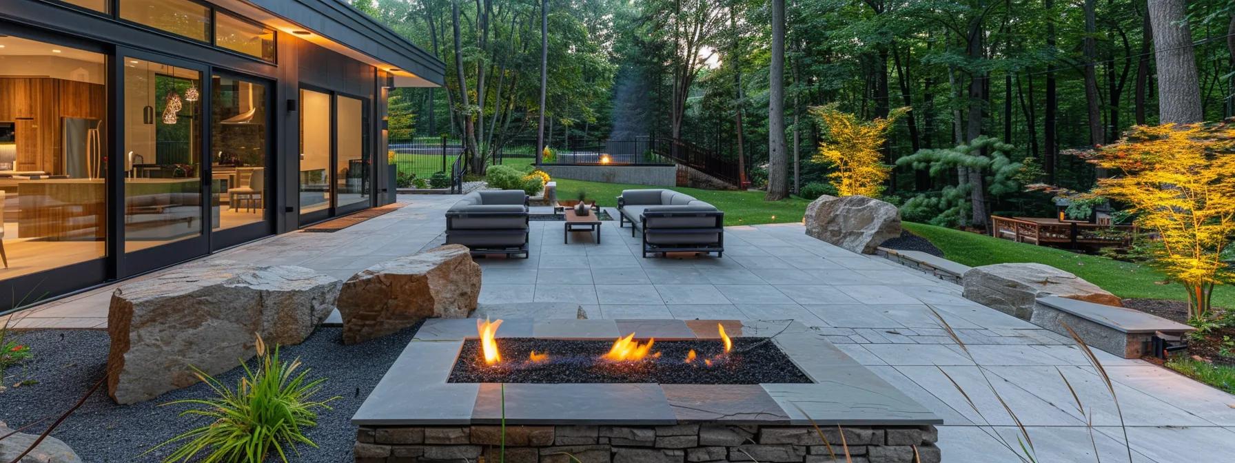 a contemporary outdoor living space showcases sleek hardscaping elements like stylish stone pathways, elegant patio seating, and a modern fire pit, all expertly arranged to create a striking and inviting backyard retreat.