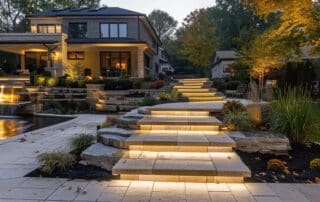 a sophisticated outdoor living space featuring expertly arranged stone pathways, elegant patios, and meticulously designed hardscape elements, all illuminated by warm, ambient lighting in an upscale residential neighborhood.