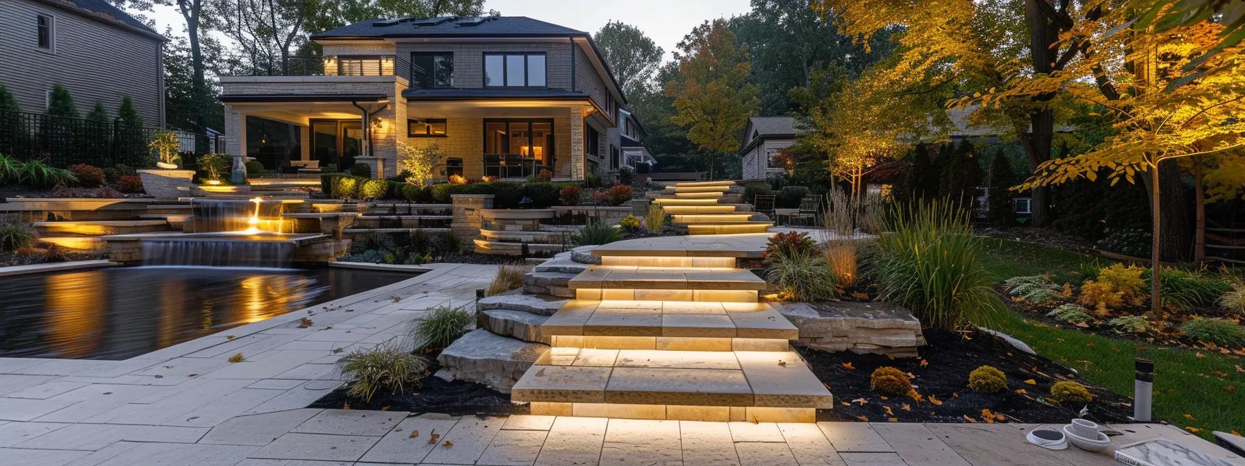 a sophisticated outdoor living space featuring expertly arranged stone pathways, elegant patios, and meticulously designed hardscape elements, all illuminated by warm, ambient lighting in an upscale residential neighborhood.